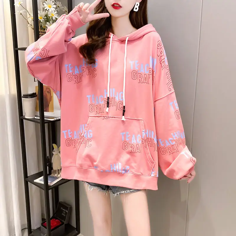 

2023 New Women Clothing Casual Fashion Loose Preppy Style Streetwear Printing Letter Drawstring Long Sleeve Pullovers Hoodies