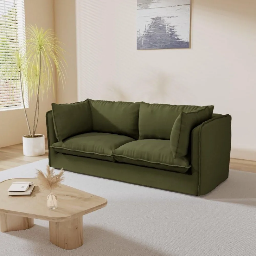 أرائك سحابة مقاس 80 بوصة لغرفة المعيشة، أريكة من قماش الكتان مكونة من 3 مقاعد مع وسادتين مسند للذراع وأرجل خشبية أسفل الأريكة المنجدة #1