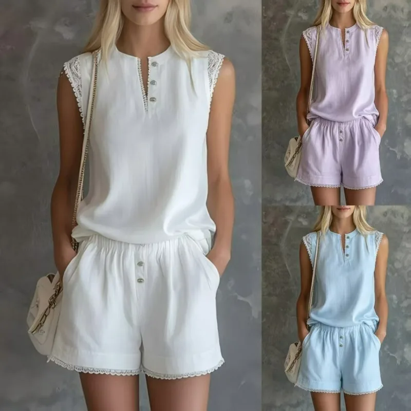 Europe and America Spring/Summer New Solid Color V-neck Button Short-sleeved Shirt and Shorts Set for Casual Two-piece Women