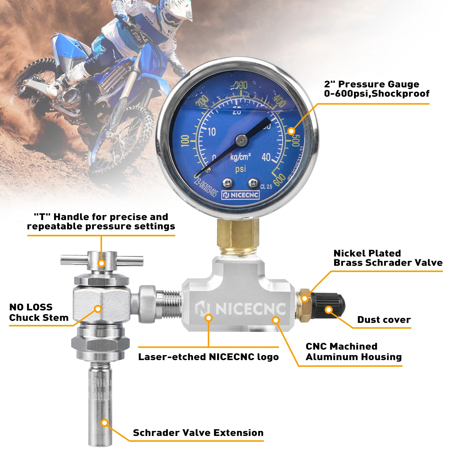 

300/600psi UTV Shock Nitrogen Filling Regulator for Yamaha Raptor YFZ Polaris RZR 900 1000 CanAm X3 Schrader Valve .305-32 8V1