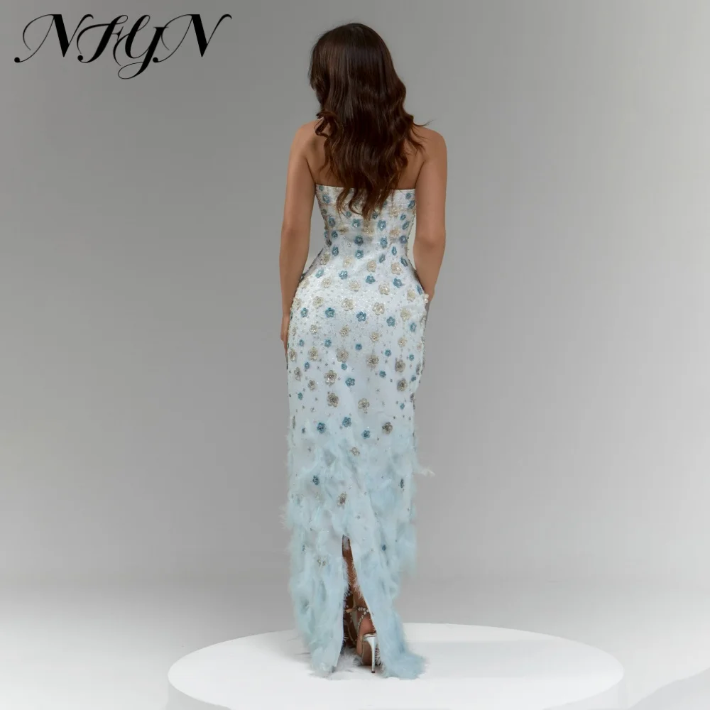 NFYN Exquisite Blue Strapless Evening Dress Floral Beaded Feather Prom Gown Cape Slim Mermaid Long Train Party Dress Customized