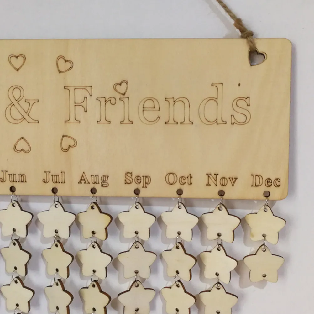 Wooden Plaque Calendar Board with Hanging Rope & 50 Star Discs for Birthday Reminder and Family Tracking