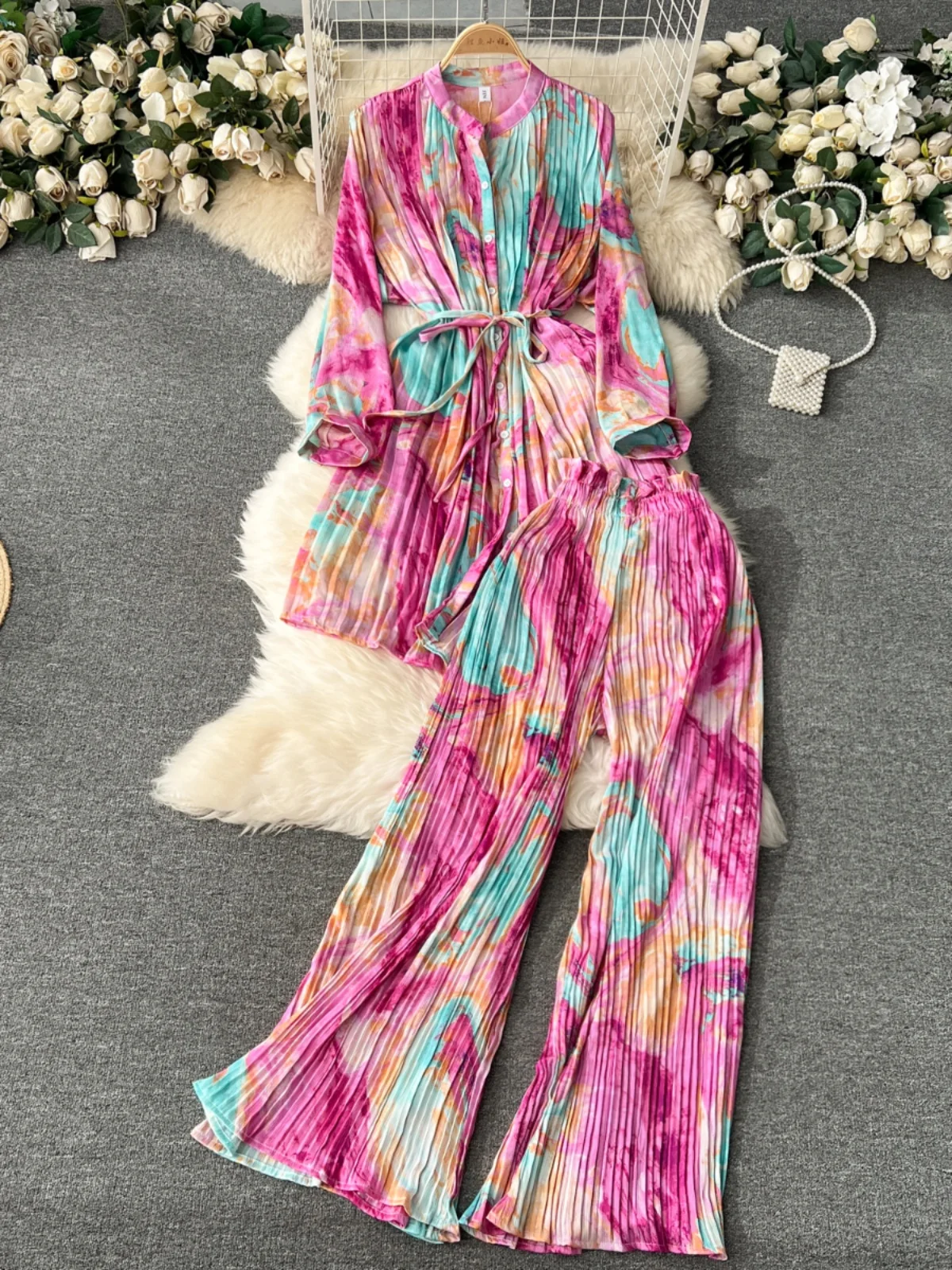 Women's Mid-Length Printed Top And Wide Leg Pants Two-Piece Set High Waist Belted Casual Faion Autumn Collection