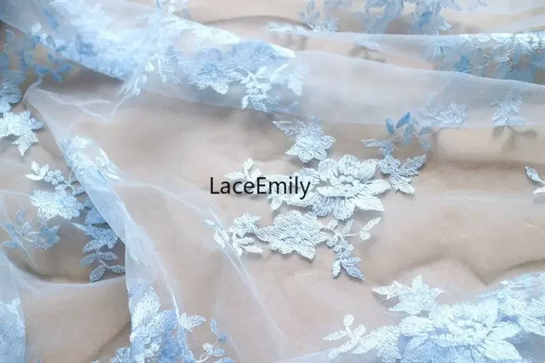 3 Colors Light blue flower embroidery wedding dress fabric Light purple floral tulle lace for Party  , Girl