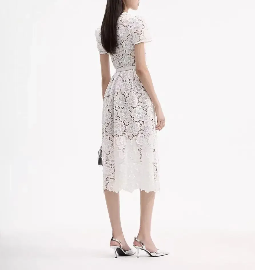 Women's 2024 early autumn new ivory white temperament short sleeved waist cinched lace mid length dress