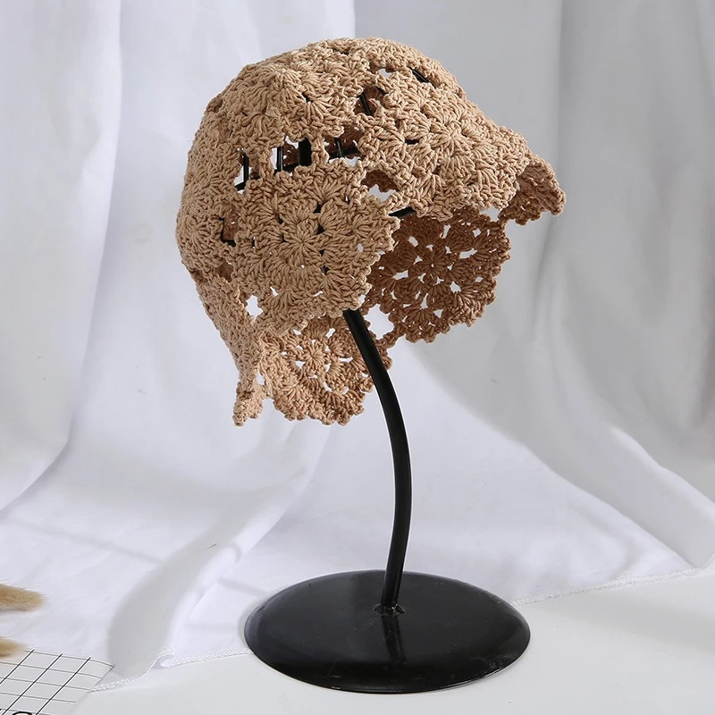 2pcs Retro Bucket Hats for Women Vintage Hollow-out Ethnic Style Hand-knitted Pullover Caps Flower Tassel Soft Fabric Artist's