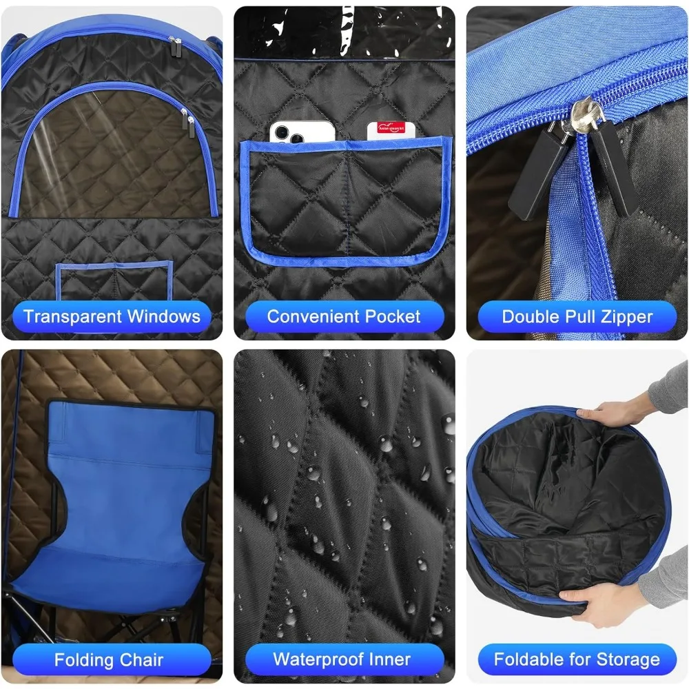 Sauna a vapore, Sauna portatile, Sauna Box Sauna tenda con vapore da 2,6 litri, telecomando, sedia pieghevole, 9 livelli, nero blu