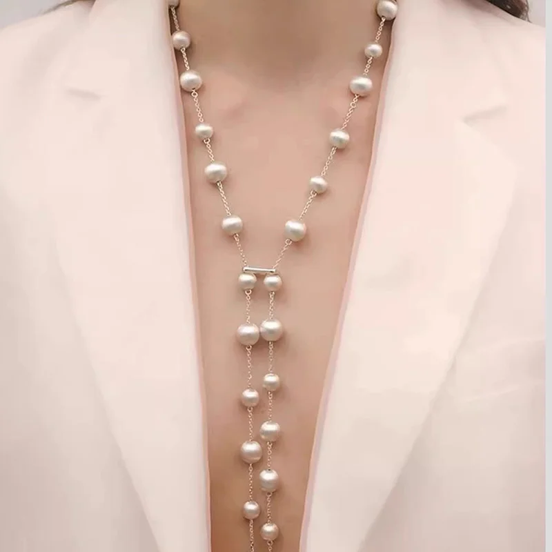 

European and American Fashion Brushed Ball Necklace for Women Simple Layered Long Collarbone Chain Vintage Banquet Jewelry