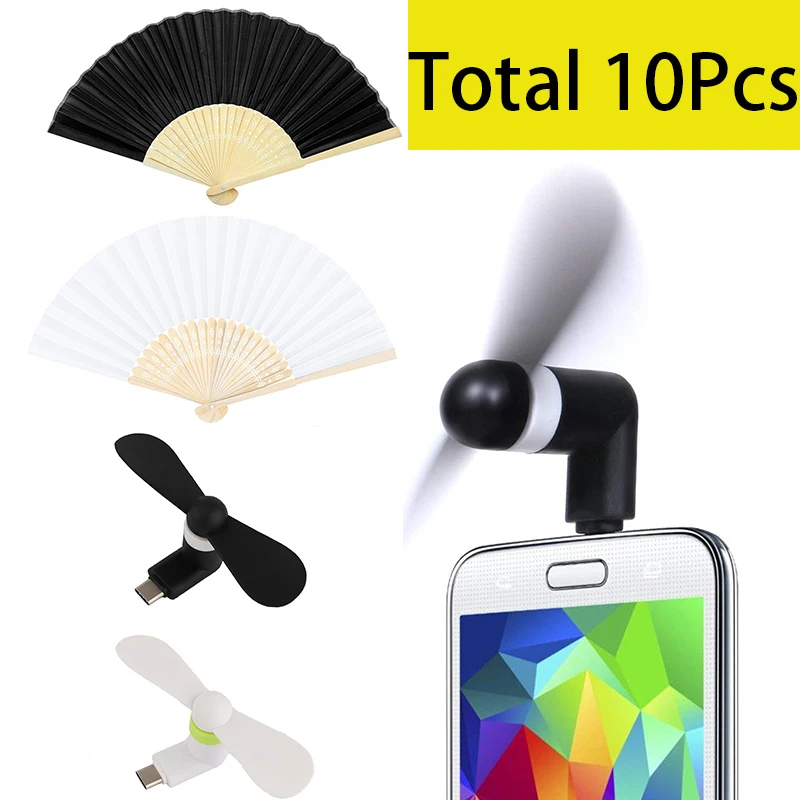 Ventilador USB tipo C para celular, Hand Fans, Acessórios de verão, Cor preto e branco, 10pcs