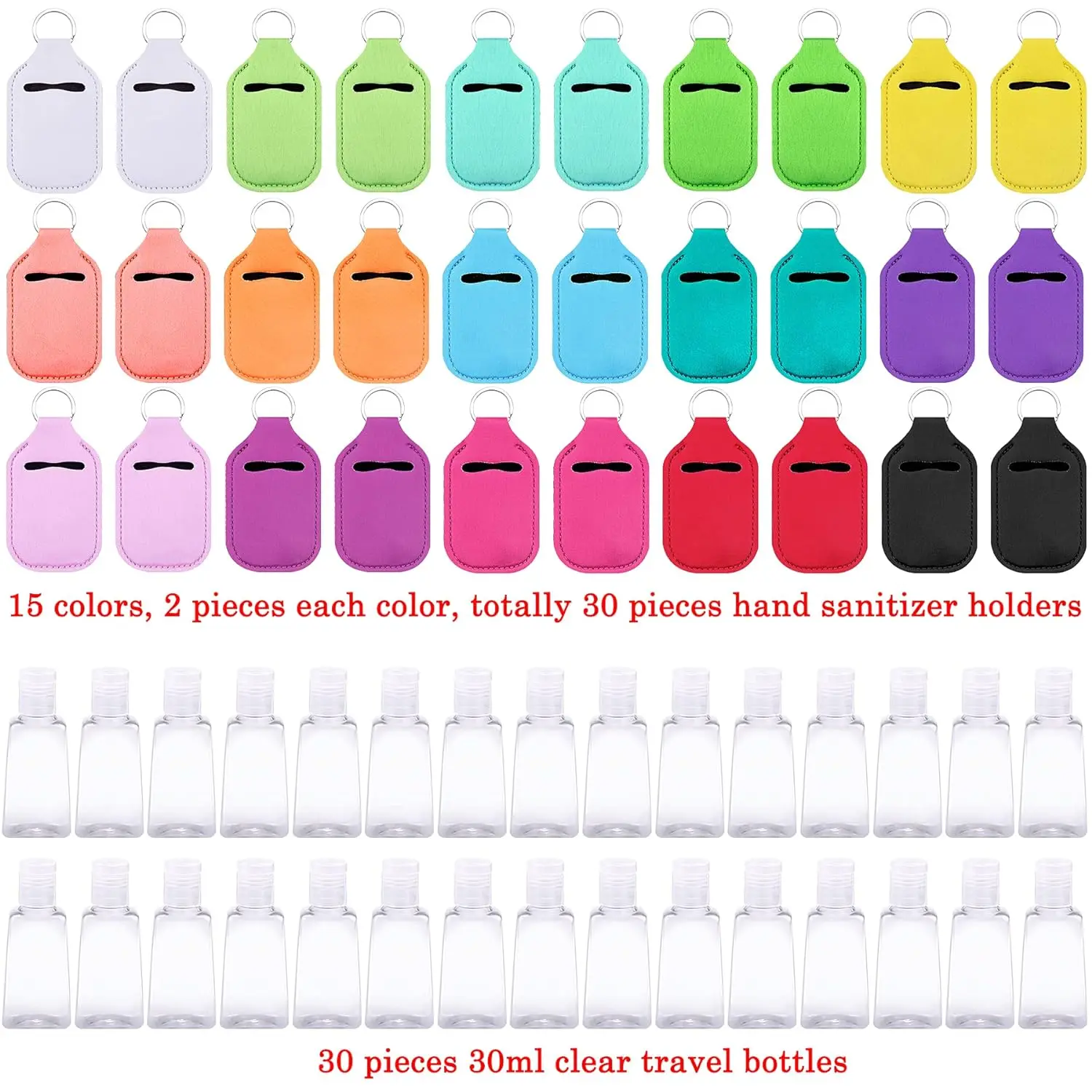 60pcs Hand Sanitizer Keychain Holders Empty Travel Bottles Set Reusable Clear Bottles& Hand Sanitizer Holder for Backpack Purse