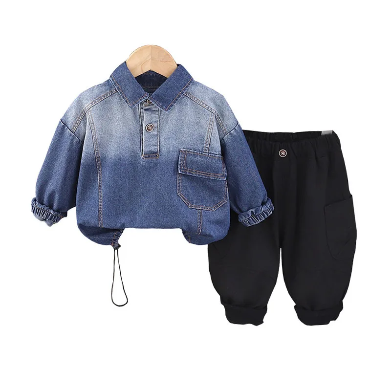 Yürüyor Bahar Erkek Takım Elbise Seti 2025 Kore Erkek Bebek Giysileri 9 ila 12 Ay Rahat Denim Uzun Kollu Kazaklar ve Pantolon Çocuklar Kıyafet