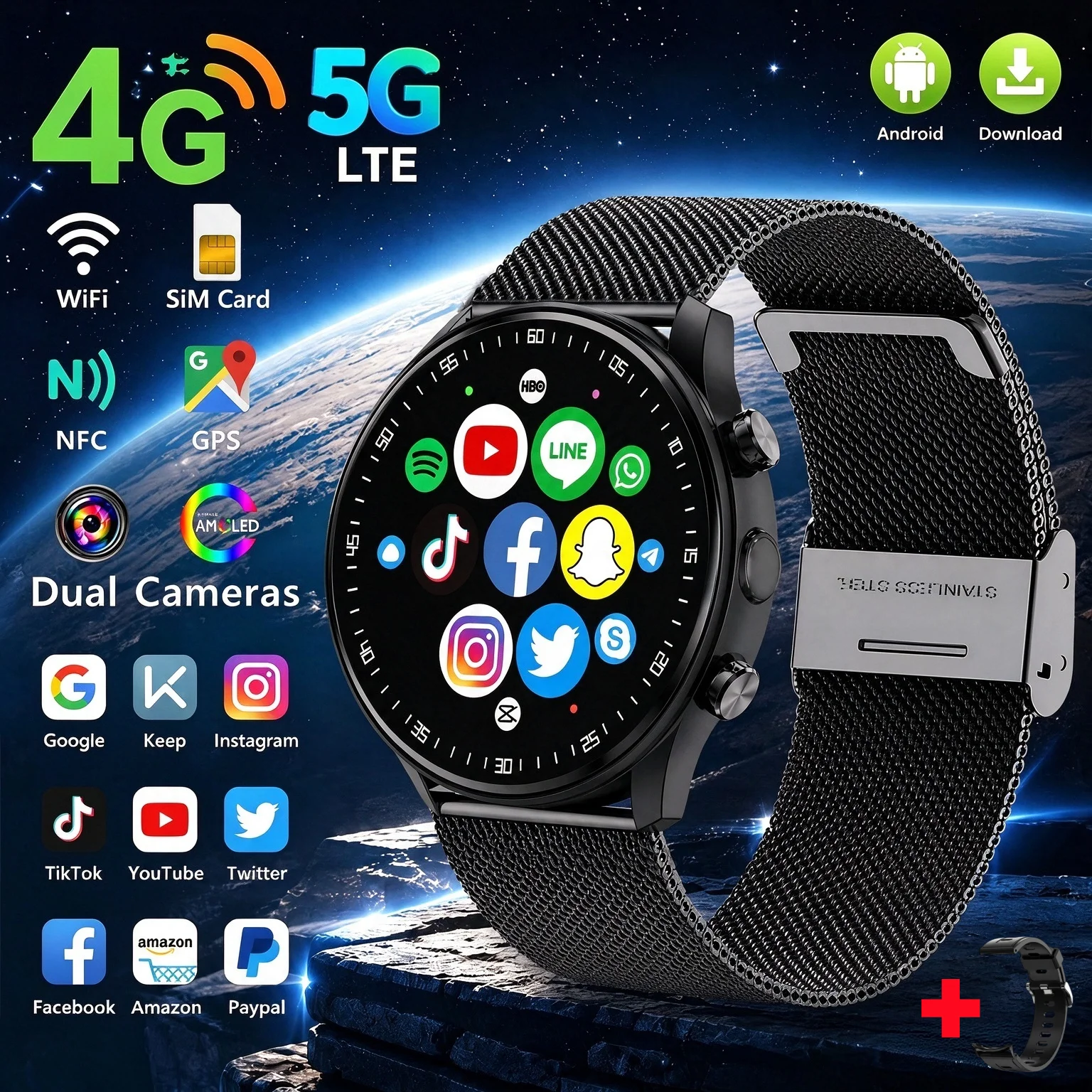 A7 Men Women 5G Smartwatch,HD Display HD Camera GPS Compass WiFi Video Call NFC Bluetooth Call Multifunctional Fitness Watch