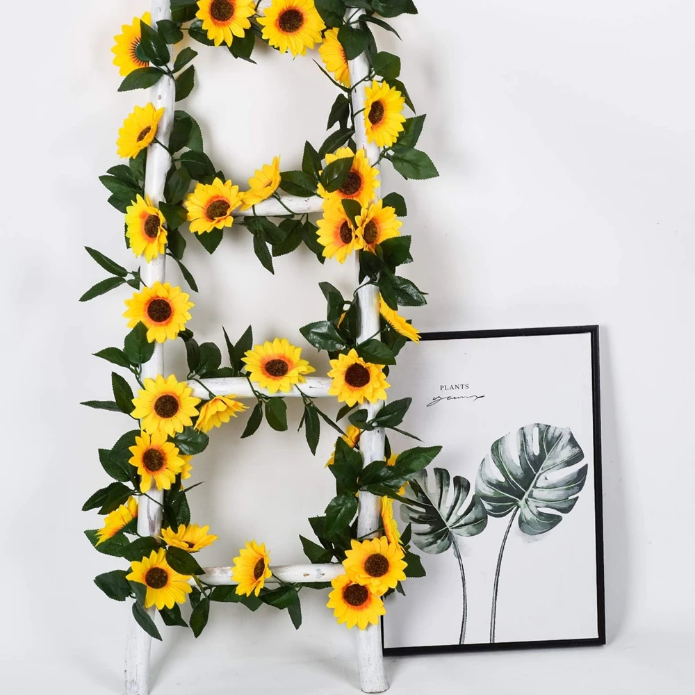 Künstliche Blumen, Sonnenblumen-Ranke, Hängekranz, Wanddekoration, Festival-Rattanblätter-Girlande, Outdoor-Hochzeit, warme Raumdekoration – Detail 1