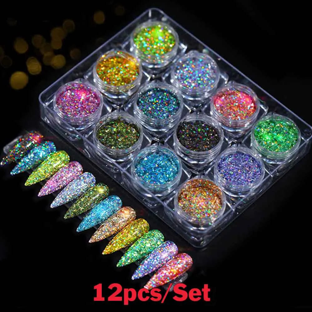 24 teile/satz Sparkly Holographische Feinen Zucker Nagel Pulver Diamant Chrom Pigment Staub Für Gel Polnisch Glitter Maniküre Zubehör