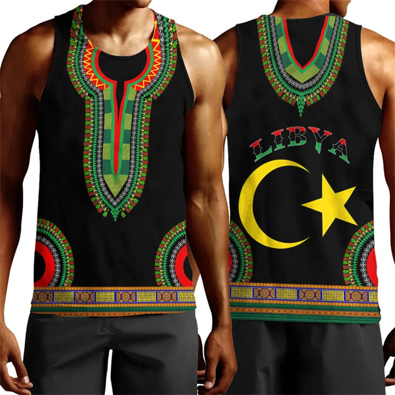 

State Of Libya Flag Map Graphic Tank Top For Men Clothes Africa Country Vest Dashiki Paisley Fashion National Emblem Waistcoat