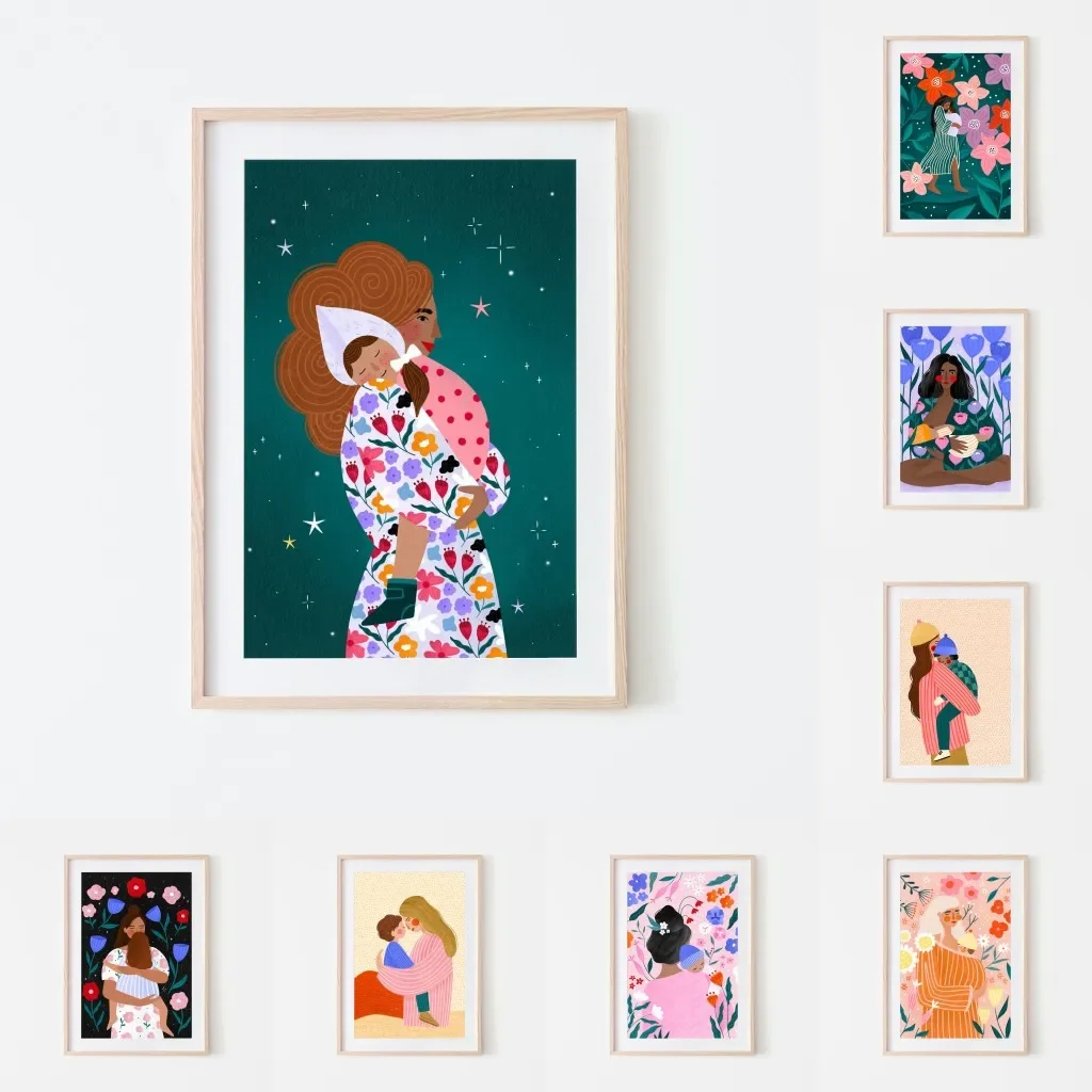 Motherhood Art Print Canvas Painting Young Mum Poster Maternal Love Floral Illustration Nursery Kids Room Decoration