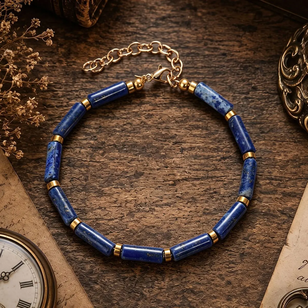 Natural Lapis Lazuli Tube Bead Bracelet, Adjustable Gold Chain, Symbolizing wisdom, Intuition, and Truth, Unisex Wrist Accessory