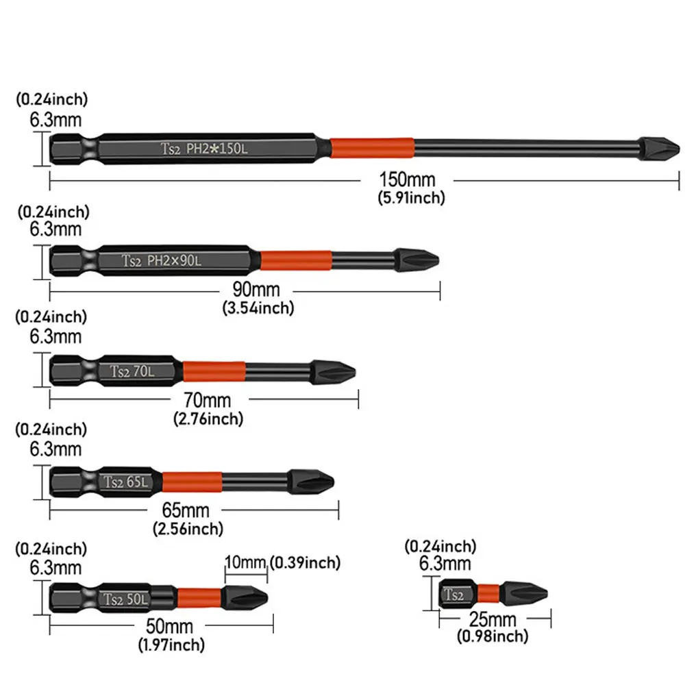 Binoax 5/6 Stuks PH2 Magnetische Cross Bit Set Phillips Impact Batch Hoofd Hardheid Schroevendraaier Bit Schroevendraaier Handgereedschap