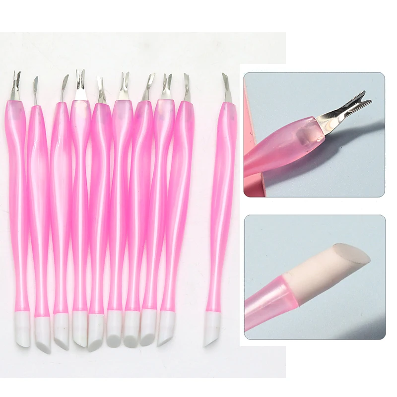 10Pcs Double End Soft Nail Cuticle Pusher Dead Skin Fork Stainless Steel Pink Plastic Handle PedicureTools Professional Manicure