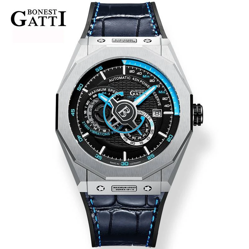 BONEST GATTI Automatic Watches Fashion Mechanical Wristwatch Stainless Steel Watchcase Leather Strap Watches For Men