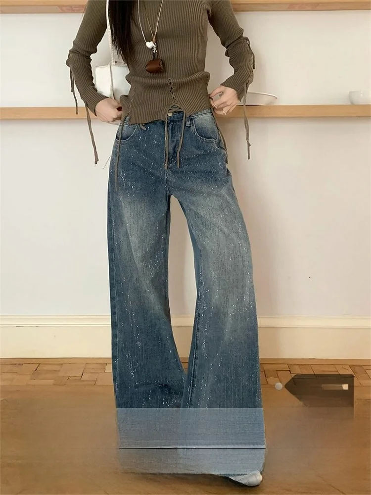 

Glittering Diamond Embedded Wide Leg Jeans Women's Summer New Retro Slim Straight Cut High Waist Denim Pants Casual Spring