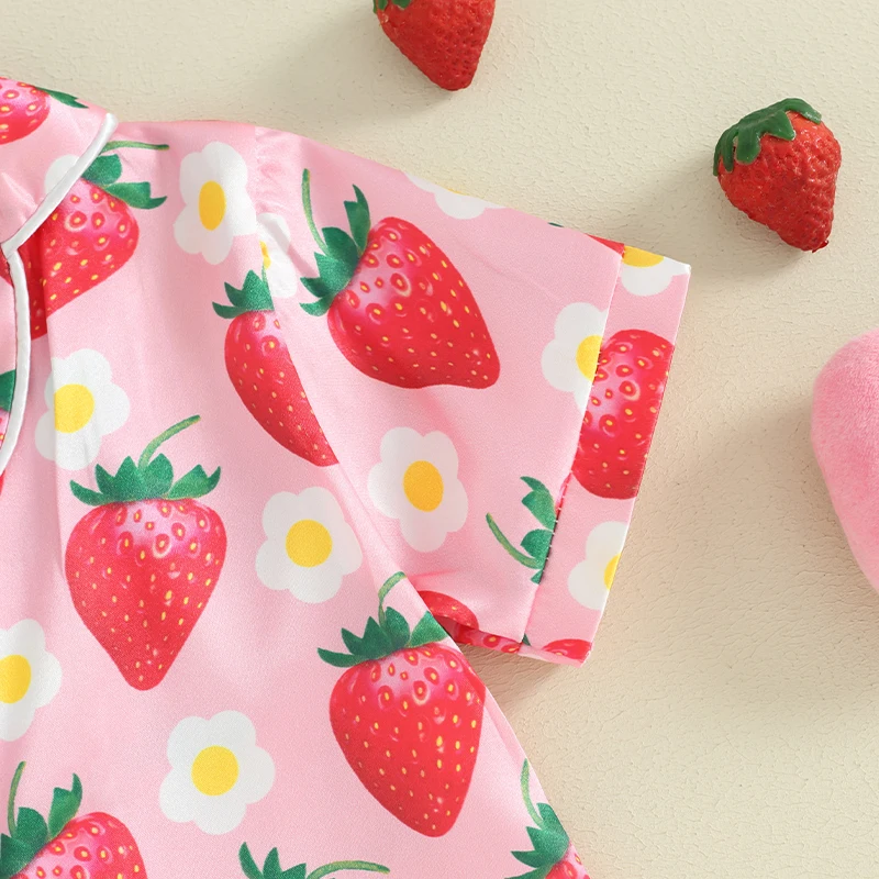 Kids Girls Summer Pajama Sets Short Sleeve Lapel Shirt Strawberry Print Shorts 2 Pieces Sleepwear for 1 Years to 7 Years