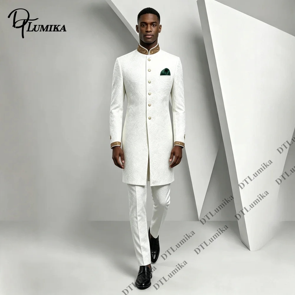 Gold Embroidery Stand Collar Slim 2 Piece Suit for Men Mandarin Collar Long Men Suit Luxury Wedding Groom Formal Ethnic Tuxedo