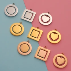 Fnixtar 5pcs Round Square Heart Pendant Rotatable Stainless Steel Mirror Polish Hollow Pendants Charm DIY Necklace Gift
