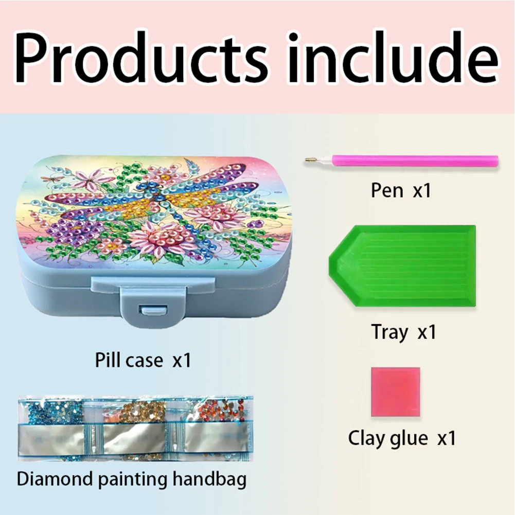 

Dragonfly Diamond Painting Kit Square Pill Box Portable Medicine Storage Box