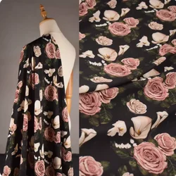 Senior Feeling Black Bottom with Rose Flower Print, Chiffon Fabric, Shirt Dress, Cheongsam, Pajamas Tissue, Not Transparent