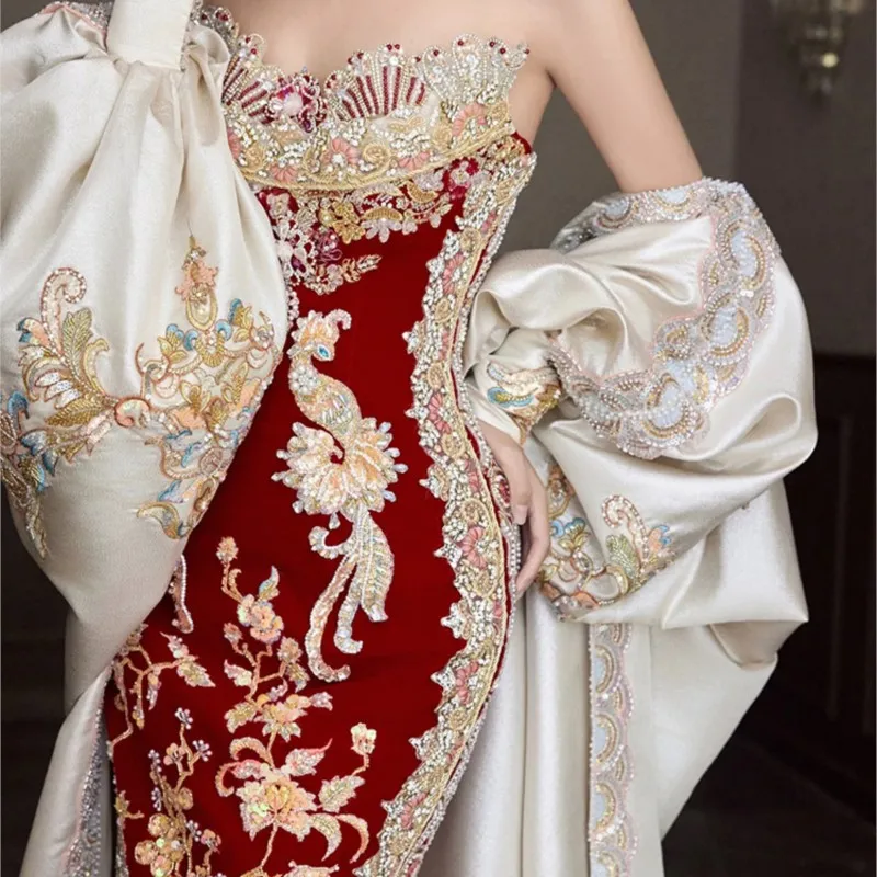 Red wedding new Chinese sense toasting dragon phoenix gown dress - Image 4