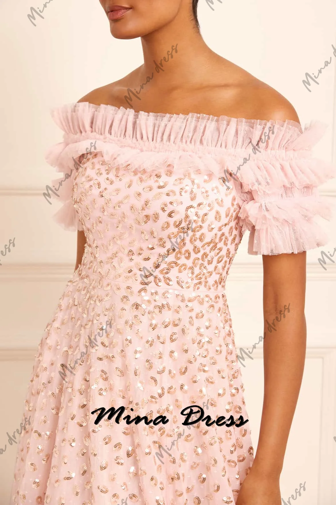 Mina personalizzato Paillettes Abiti da sera Donna Elegante Party 2024 Grace Abito formale Chiffon Off-the-spalla Maniche corte Prom