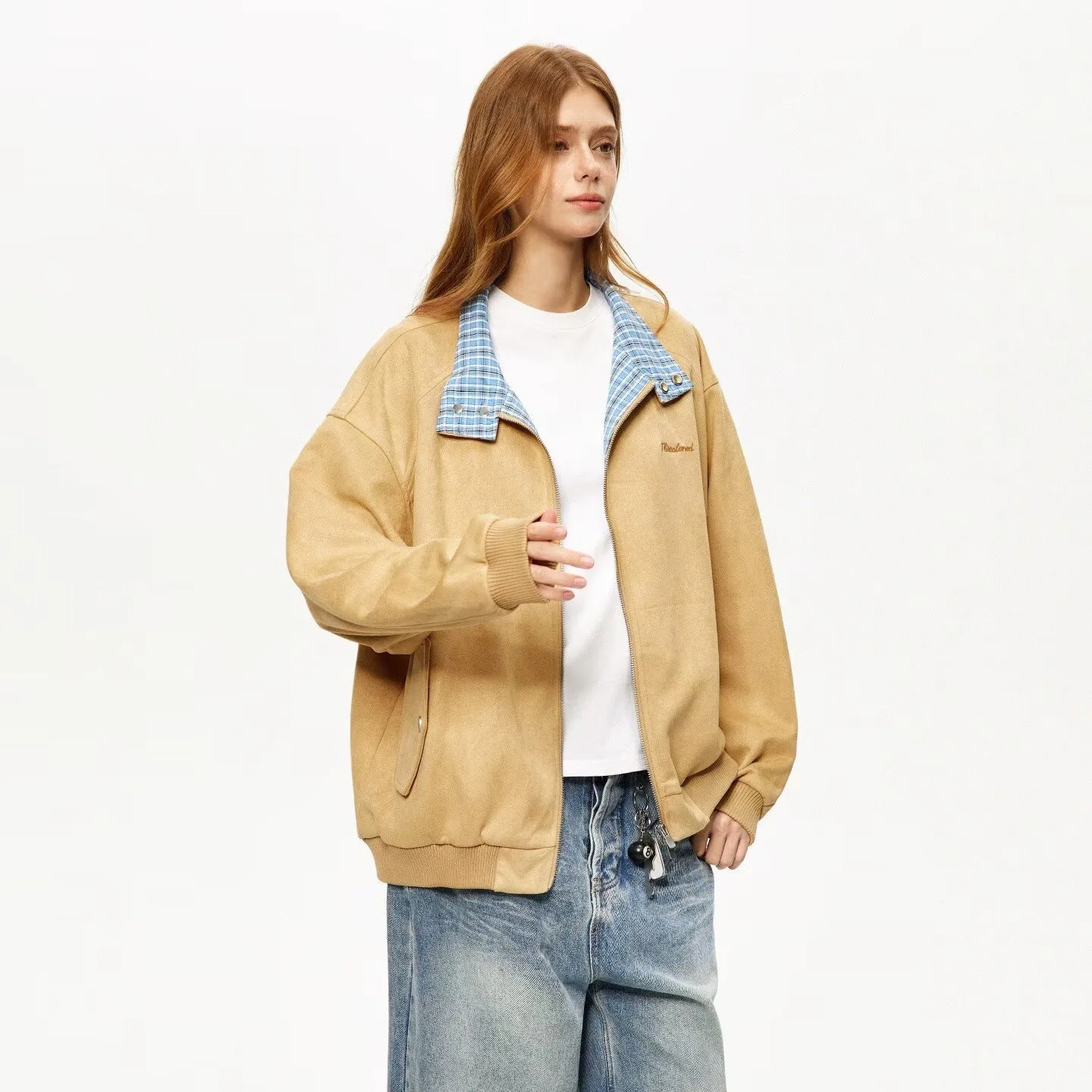 

American Plaid Splicing Suede Jacket Women Spring Autumn New Loose Baseball Uniform Casual Jacket