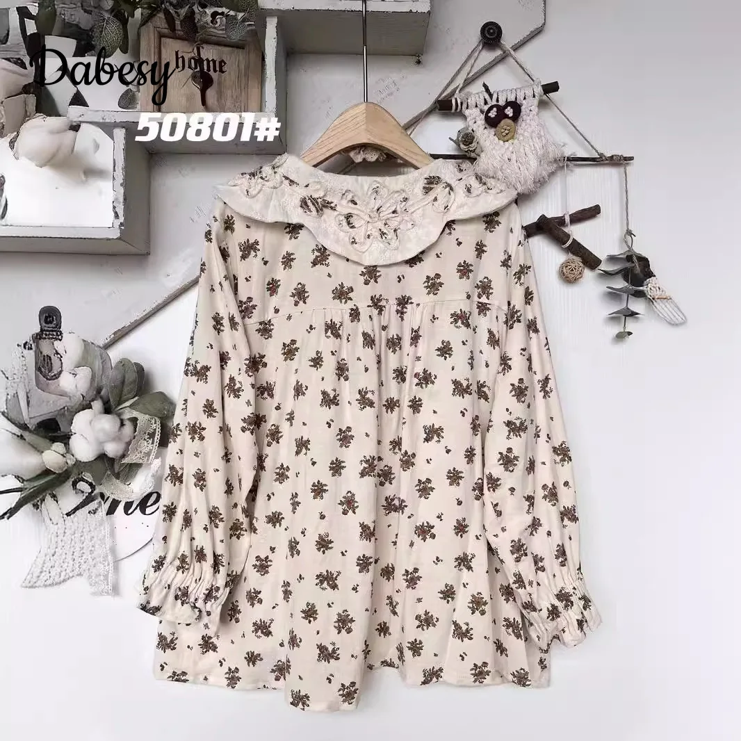 Vintage Mori Girl Flower Cotton Linen Top For Women Japan Style Embroidery Doll Collar Cotton Linen Pullover Autumn Casual Shirt