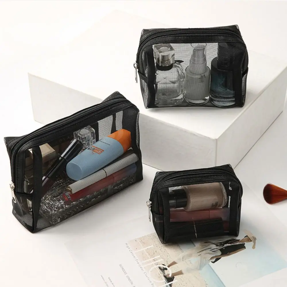 Solid Color Mesh Cosmetic Bag Large Capacity Storage Bag Transparent Makeup Bag Toiletry Bag Organizer Case for 3Pcs/Set