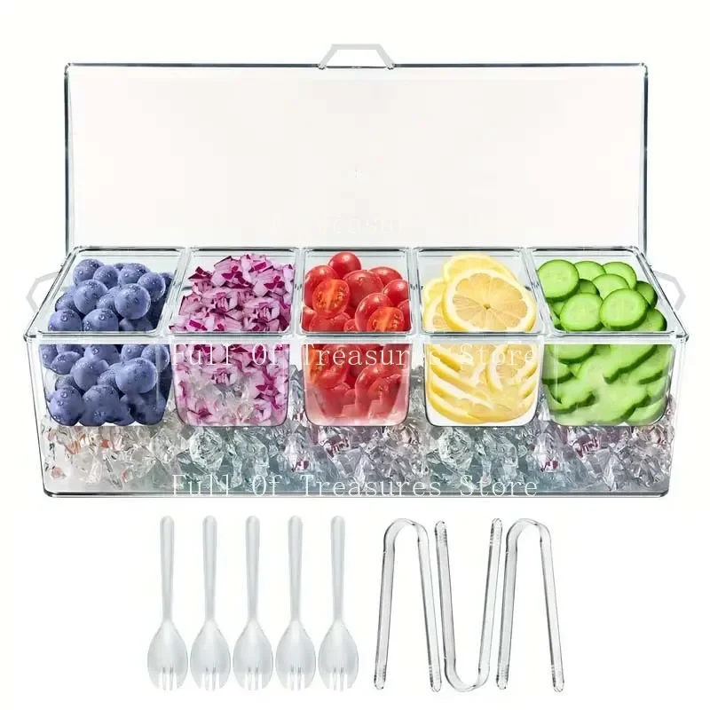 Chilled Condiment Server Reusable Clear Garnish Tray with 5 Removable Compartment Food Grade Safety Chilled Serving Container