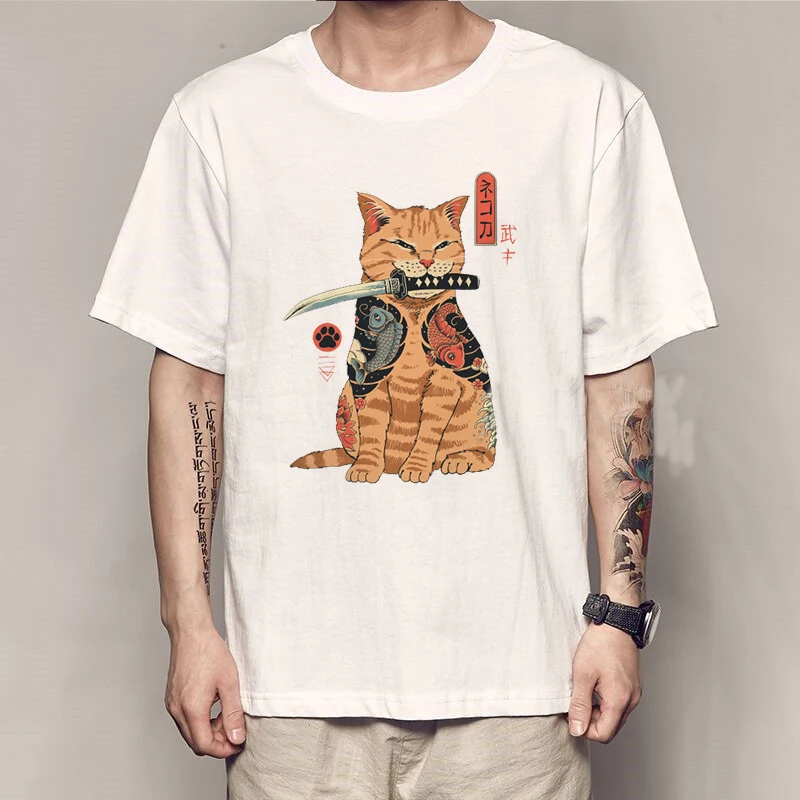 New Fashion Summer Mens T Shirt Casual Short Sleeve Samurai Cat Print Anime Tshirt Men Women Japanese Neko Sushi Wave Tops