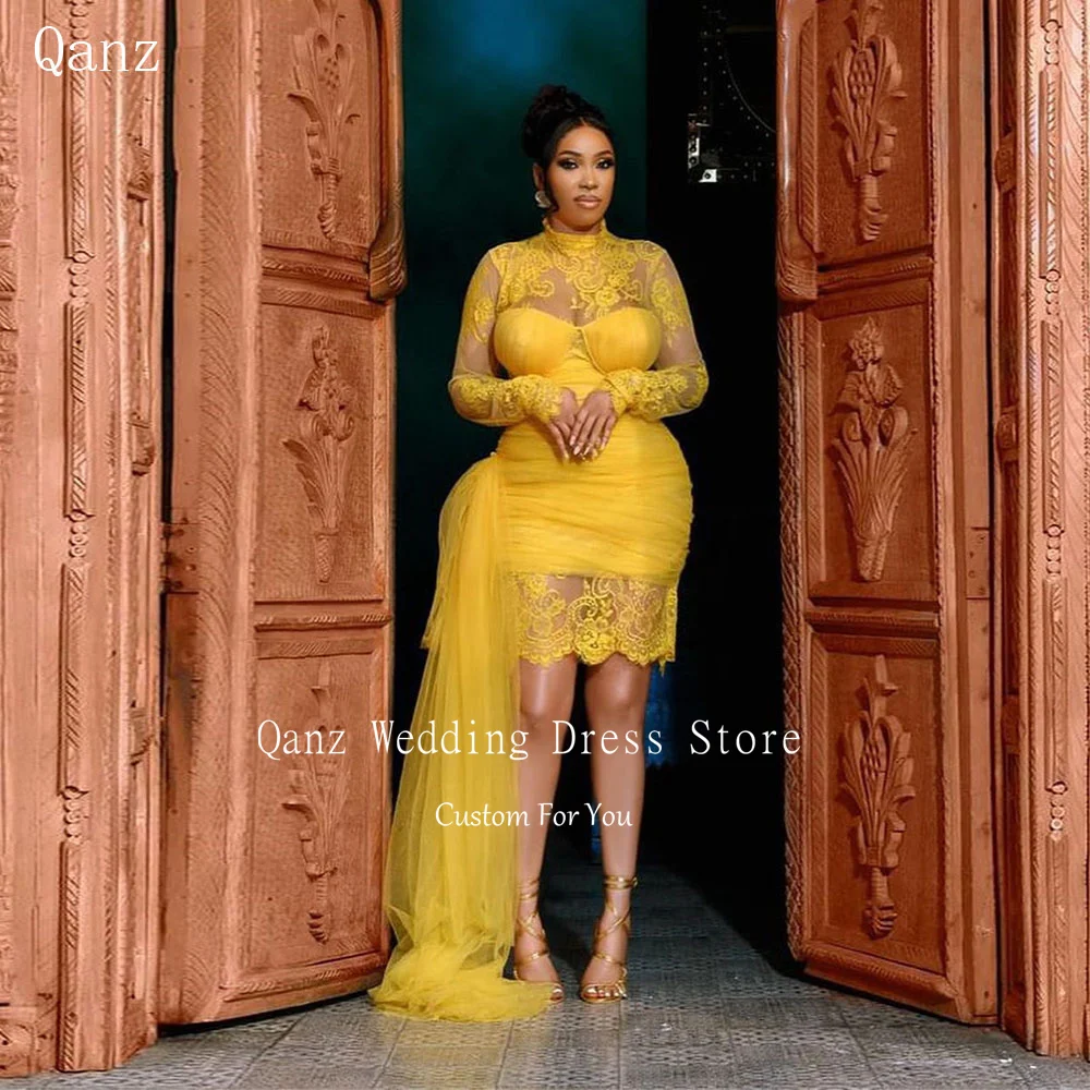 Qanz Luxury Yellow Short Prom Dresses Black Girls Sexy Lace Mermaid Sheer Neck Long Sleeves Customized Evening Party Gala Gowns