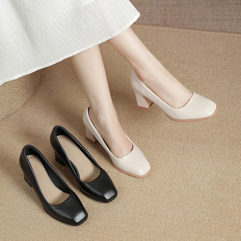 

Женские туфли-лодочки с квадратным носком на низком каблуке (31-40 размер), модель 2026 года, комфортные, для офиса, работы, свадьбы, черные, бежевые