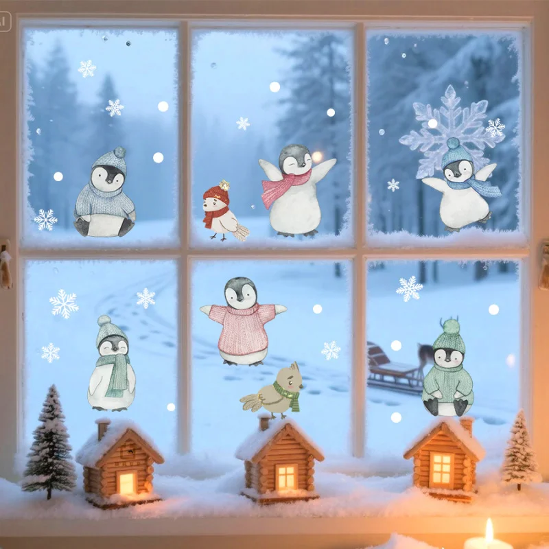 

Cute Penguin Elk Santa Claus Snowflake Static Cling Window Sticker Christmas Atmosphere Decoration Glass Sticker Removable