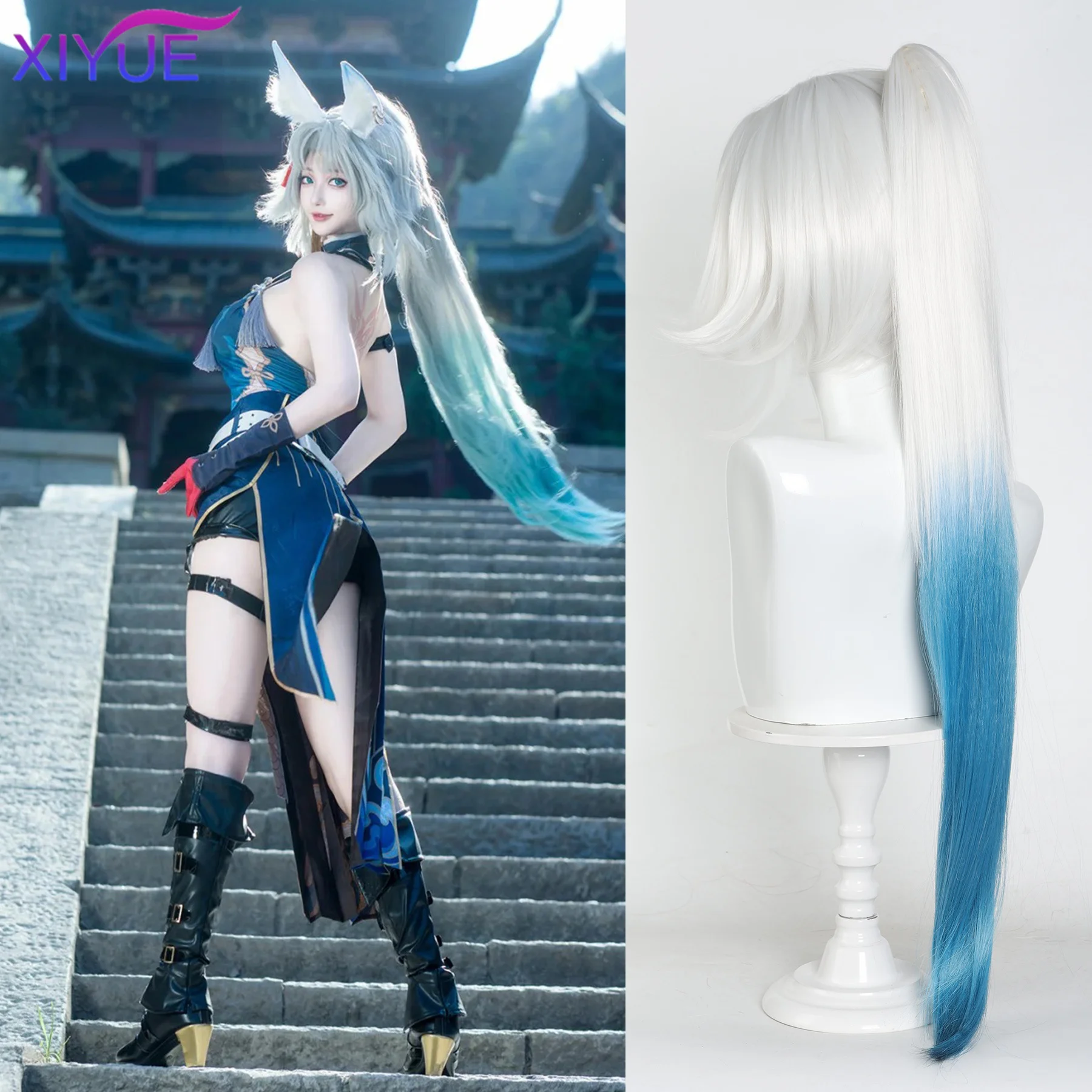 Honkai Star Rail Feixiao Game Cosplay Wig Gray Blue Long Hair Earrings The Xianzhou Yaoqing The Great General Halloween Props