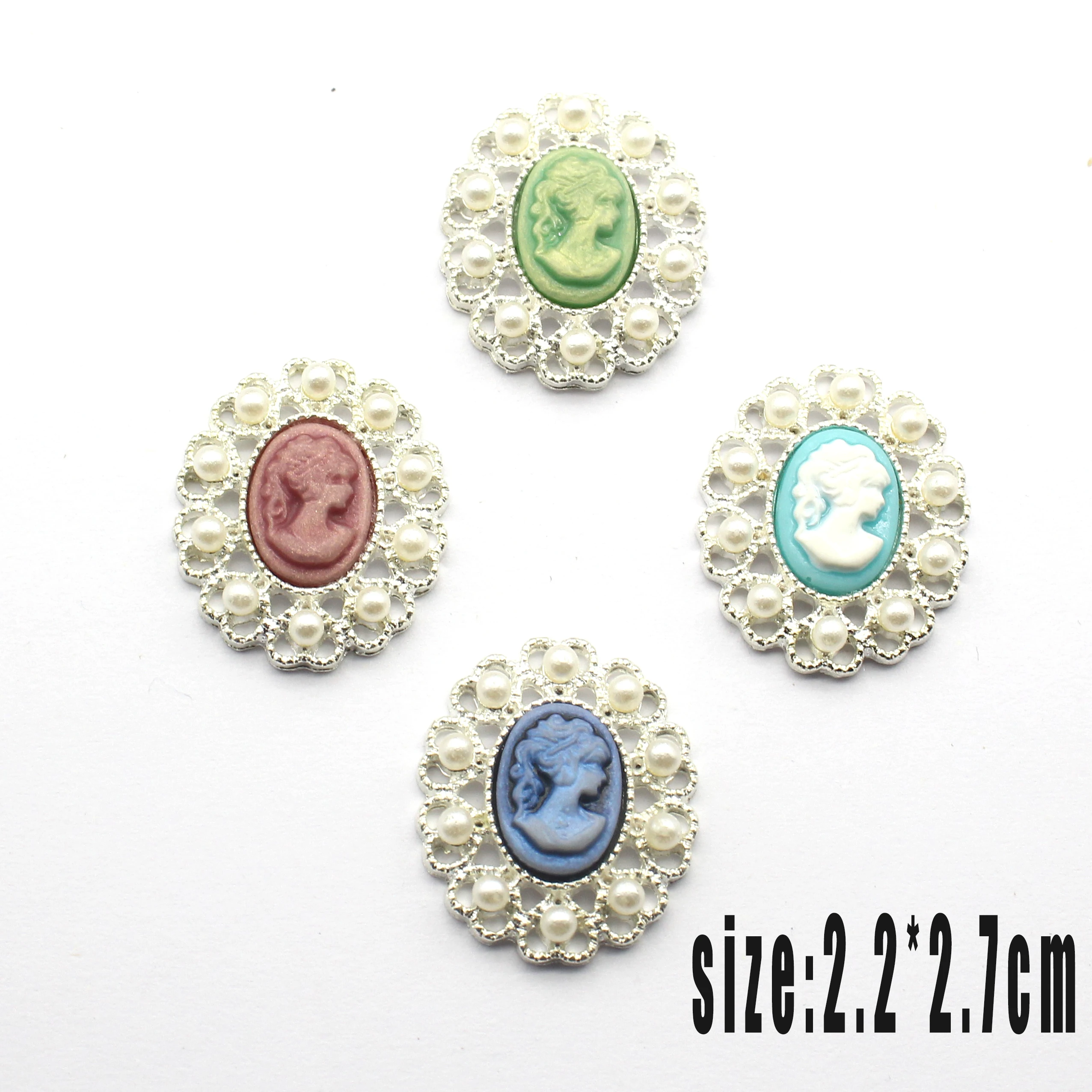6 Pcs Pearl Rim Cameo Portrait Flat Charms 2.2×2.7cm Silver Lace Border Mix Color Cabochons for DIY Garment Embellishment