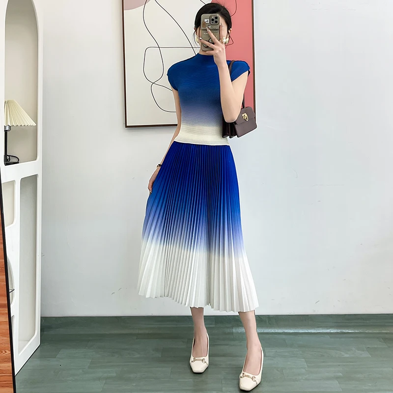 Summer Women Two Piece Set Suit Outfits Korean Fashion Short sleeve Gradient Plaid Shirts Top+Pleated Long Skirt 2-Piece Set