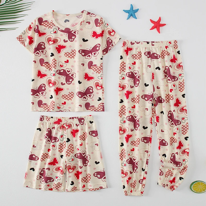 3PCS Girl Summer Love Short-sleeved Pants Shorts Three-piece Girl Ōwarawa Comfortable Thin Air-conditioned Pajama Suit
