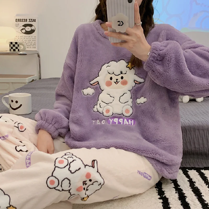 Autumn Winter Warm Flannel Women\'s Pajamas Set Long-sleeved Trousers Two-piece Cute Girls Christmas Party Homewear Clothes Suit