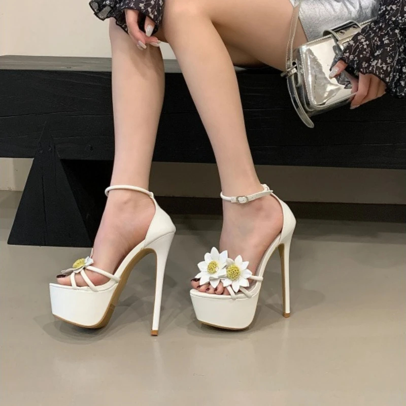 Novelty Sun Flower Decorate Platform Sandals Women Fashion Ankle Buckle Super High Heel Sandals Sexy Open Toe Pole Dance Shoes