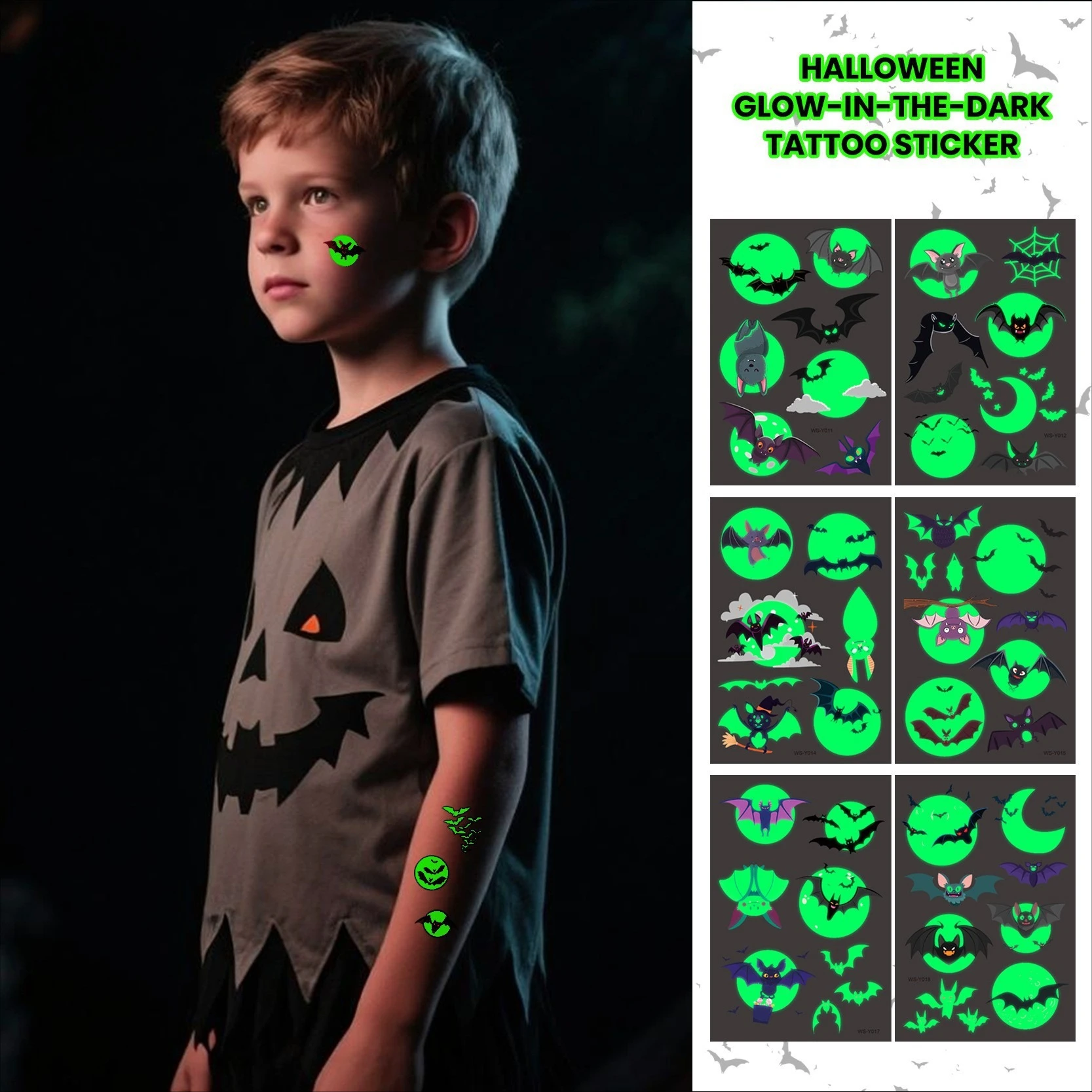 A﻿ Halloween Party Luminous Temporary Tattoo Stickers 10Pcs Ghost Pumpkin Glow Decals Decor Gifts for Adults and Children