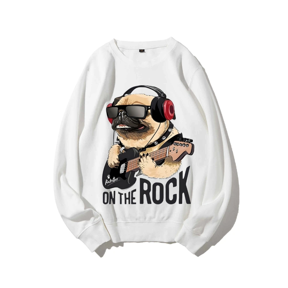 

Sweatshirt Pug with Headphones Playing Guitar Print Y2k Graphic Funky Musical Soft Fabric for Rock - Themed Casual Looks