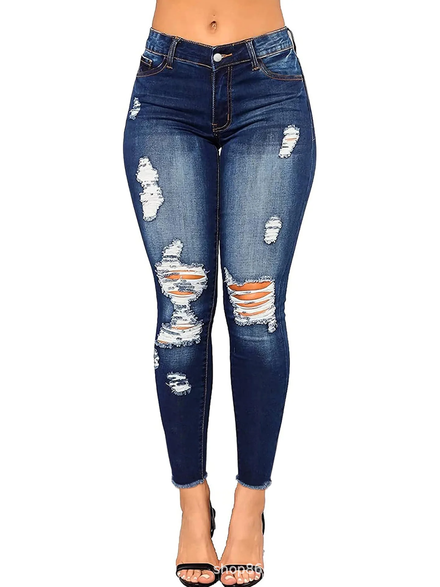 

Женские синие рваные узкие джинсы, повседневные эластичные узкие брюки с девятью точками, удобная повседневная одежда для всех сезонов.
