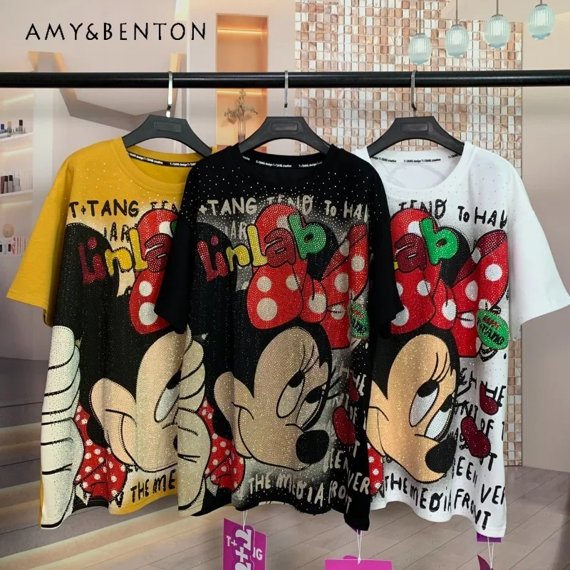 

Trendy Brand New Fashion Heavy Craft Full Diamond Cartoon Age-Reducing T-shirt Loose Short Sleeved Tees Top Pullovers Y2k Tees